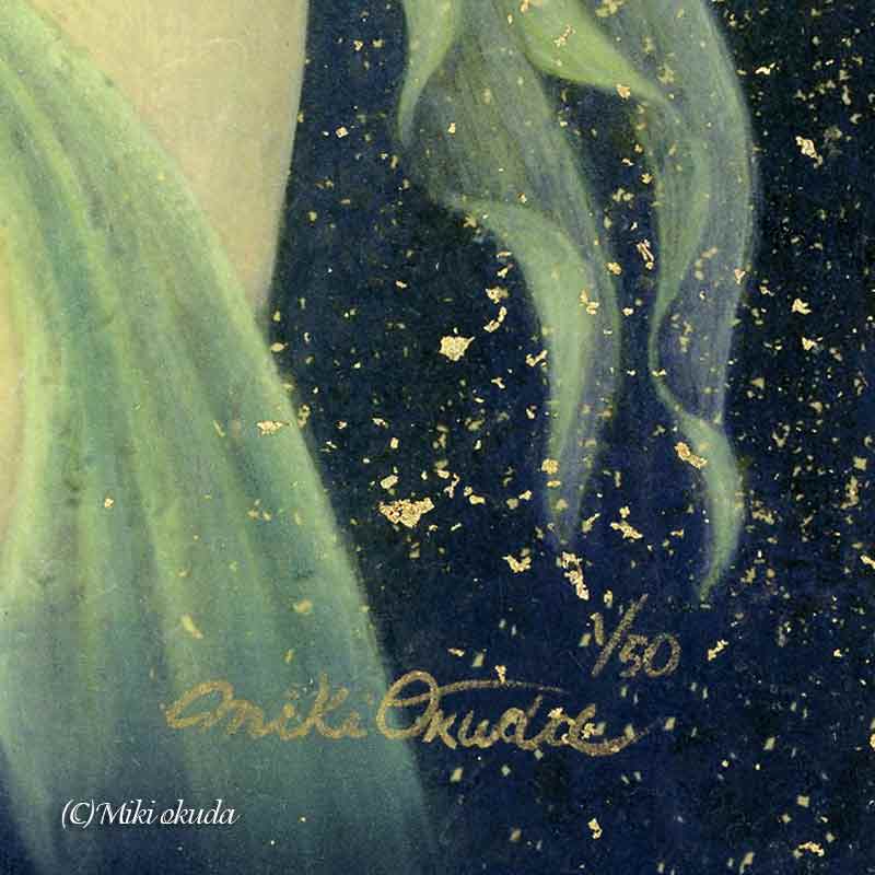 観音菩薩・緑の合掌観音 (光稀) 開運絵 仏画 手彩色ジクレー版画 スピリチュアル 輝く顔料で一枚ずつエネルギーを加筆