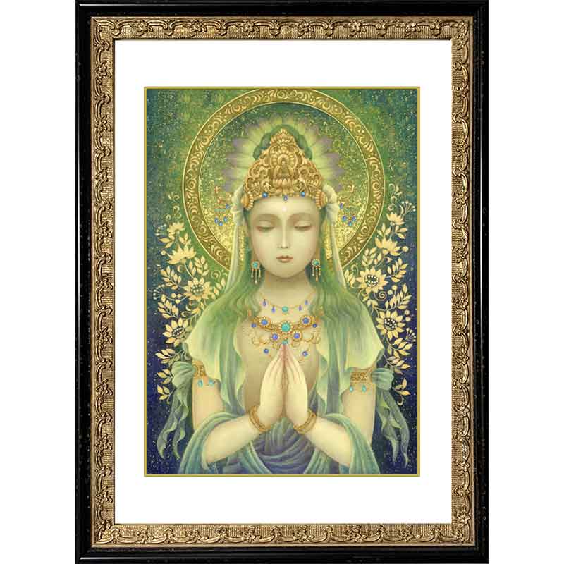 観音菩薩・緑の合掌観音 (通常版) 開運絵 仏画 ジクレー版画 スピリチュアル SS~Sサイズ