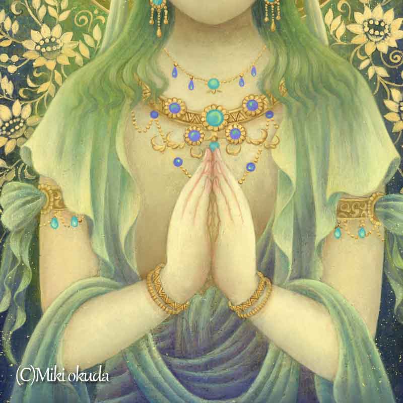 観音菩薩・緑の合掌観音 (通常版) 開運絵 仏画 ジクレー版画 スピリチュアル SS~Sサイズ