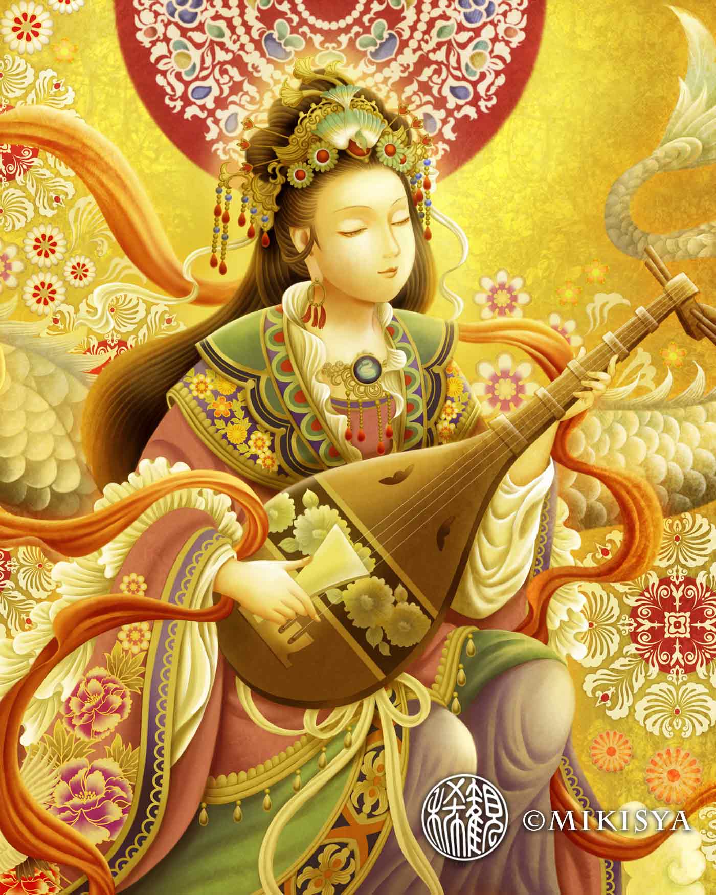 財と芸能の女神・弁財天（べんざいてん）と白龍の仏画ジクレー版画