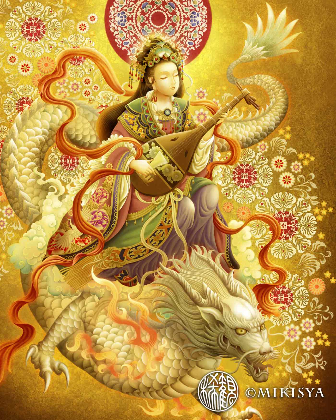 財と芸能の女神・弁財天（べんざいてん）と白龍の仏画ジクレー版画｜七福神の女神［SS〜Mサイズ］