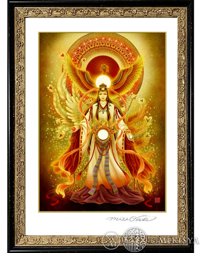 天照大御神のジクレー版画（黒額装）神性を引き立てるコントラストのあるフレーミング