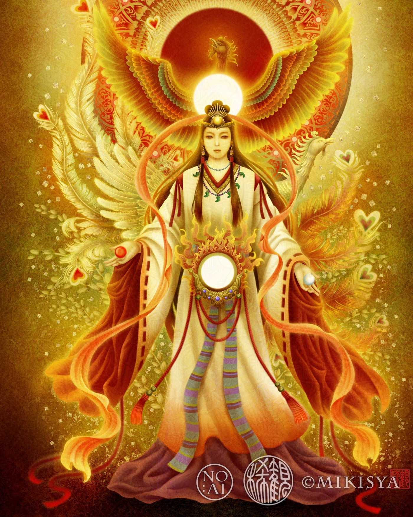 天照大御神の神仏画・胸元から上の寄り構図。神聖な後光と鏡を携えた慈愛の表情を描写したジクレー版画