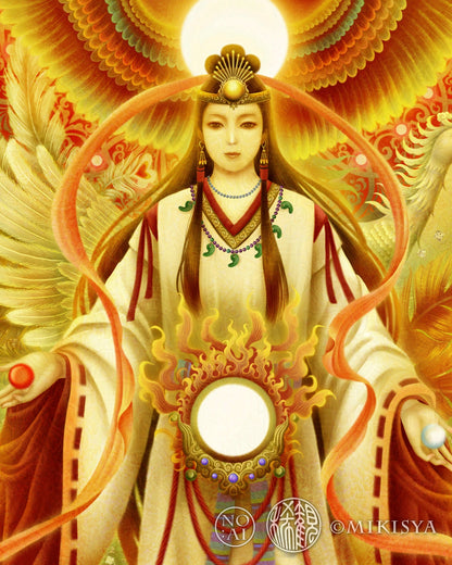 天照大御神の神仏画・顔まわりのアップ。繊細な表情と金の装飾が神聖な雰囲気を演出