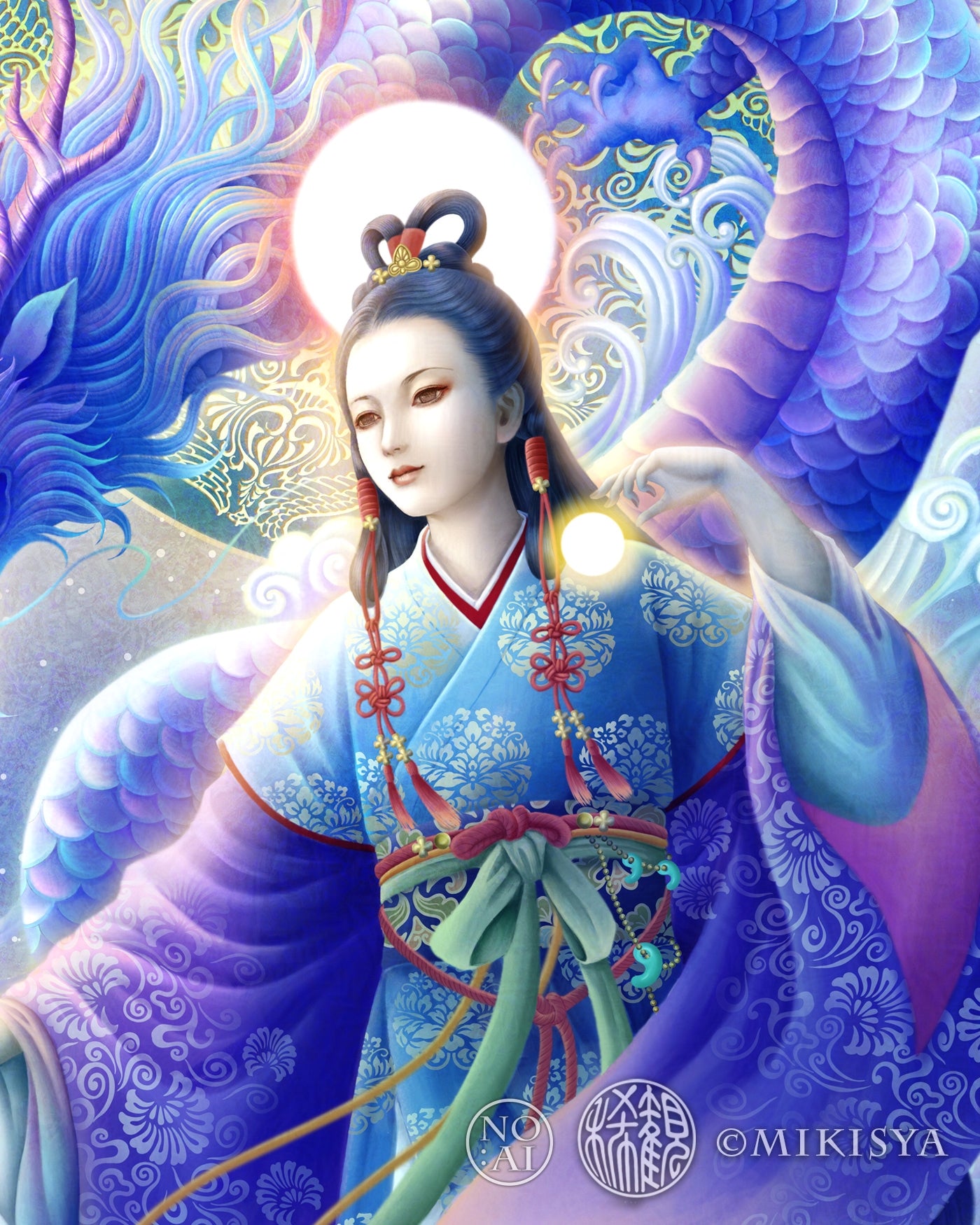 瀬織津姫の顔をアップで描いた幻想画。日本神話に登場する浄化の女神