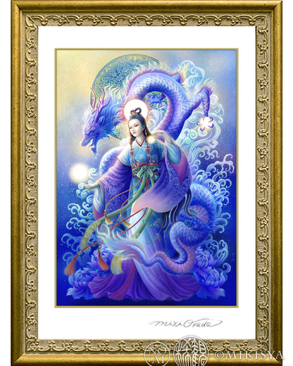 瀬織津姫と龍が描かれた幻想的なアート作品。高精細ジクレー版画、金彩・波紋模様の背景が特徴｜日本の女神