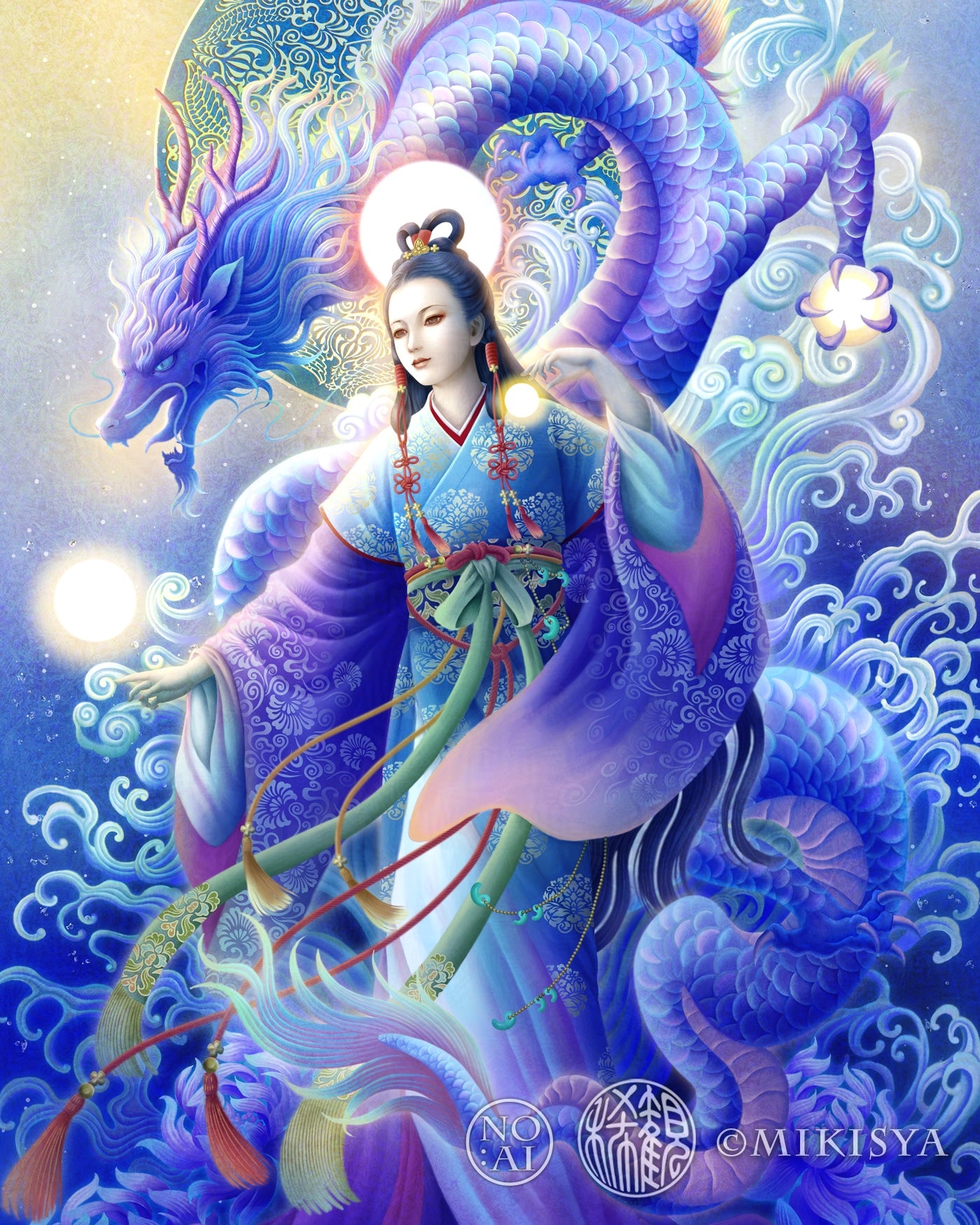 瀬織津姫が龍とともに波間に立つ構図。高波と月の象徴が神秘性を際立たせる