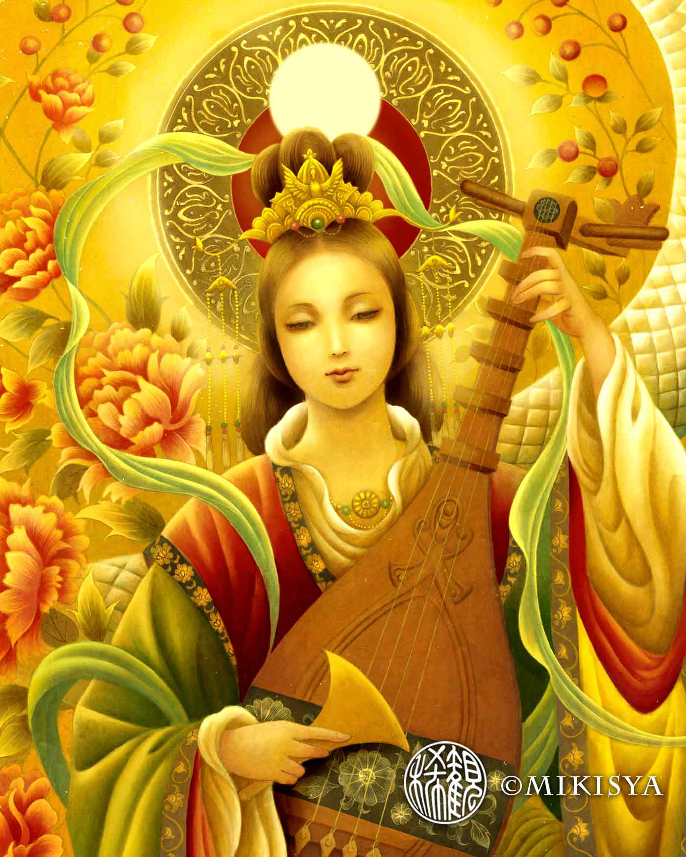 白蛇弁財天ジクレー版画の部分アップ。
弁財天の表情と白蛇の意匠を拡大して確認できるディテール。