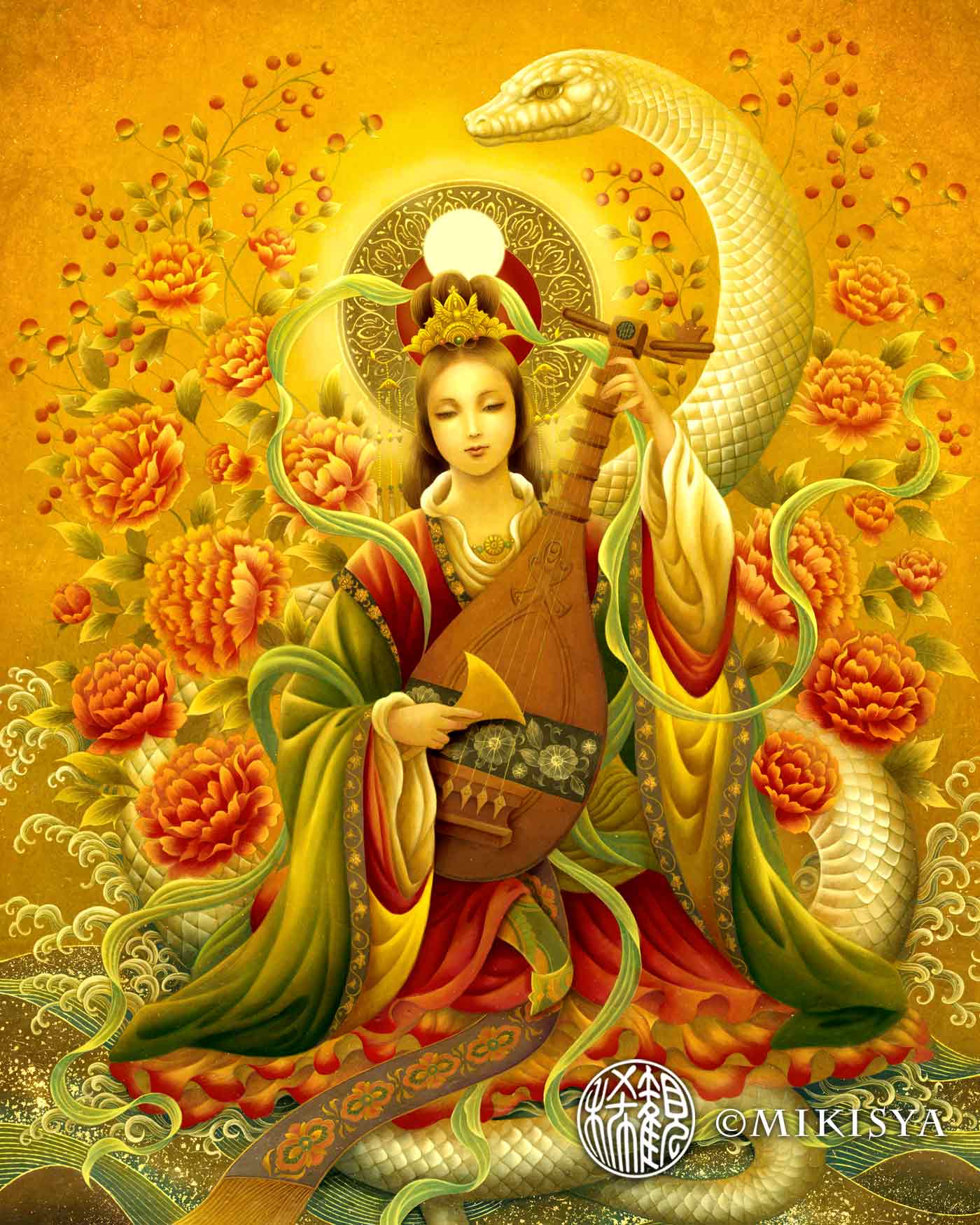 白蛇弁財天ジクレー版画の顔部分アップ。
静かな表情と色彩のニュアンスを捉えたディテール。