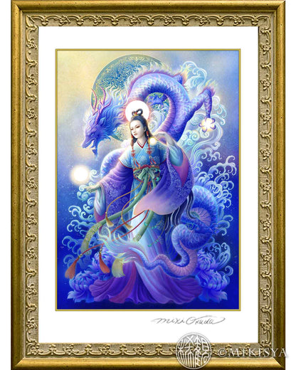 幻想画家・奥田みきによる神仏画「瀬織津姫（せおりつひめ）」のジクレー版画作品。  
青と紫を基調に、水の女神・瀬織津姫と龍を描いた幻想的な神仏アート。  
アンティークゴールドのSSサイズ額装イメージ。
