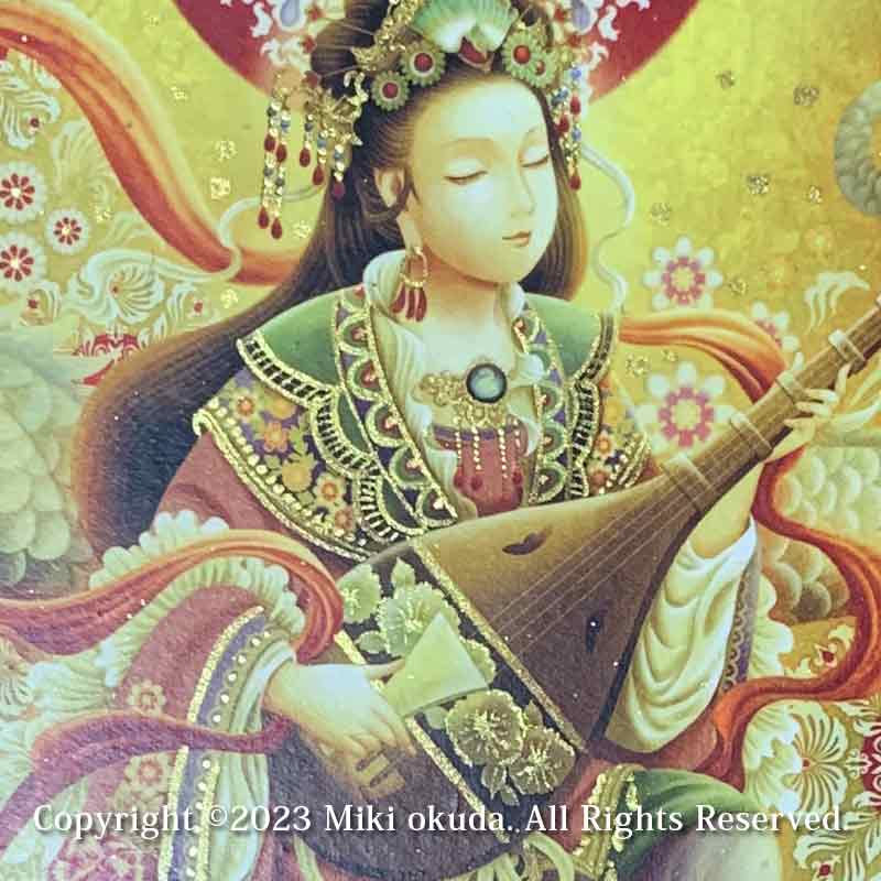 弁才天・弁財天 (光稀） 七福神  開運絵  手彩色ジクレー版画 スピリチュアル 輝く顔料で一枚ずつエネルギーを加筆