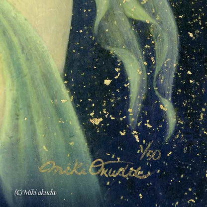 観音菩薩・緑の合掌観音 (光稀） 開運絵 仏画 手彩色ジクレー版画 スピリチュアル 輝く顔料で一枚ずつエネルギーを加筆