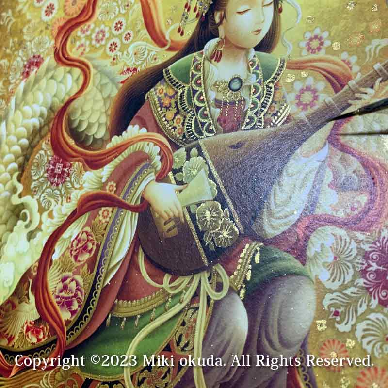 弁才天・弁財天 (光稀） 七福神  開運絵  手彩色ジクレー版画 スピリチュアル 輝く顔料で一枚ずつエネルギーを加筆