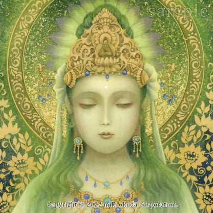 観音菩薩・緑の合掌観音 (光稀） 開運絵 仏画 手彩色ジクレー版画 スピリチュアル 輝く顔料で一枚ずつエネルギーを加筆