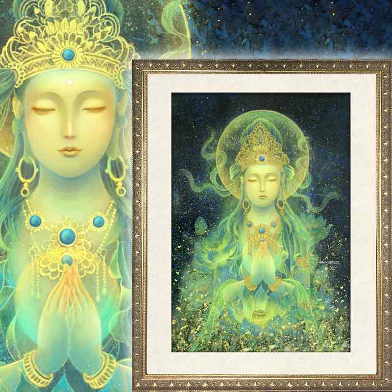 観音菩薩・青の合掌観音 (光稀） 開運絵 仏画 手彩色ジクレー版画 スピリチュアル 輝く顔料で一枚ずつエネルギーを加筆