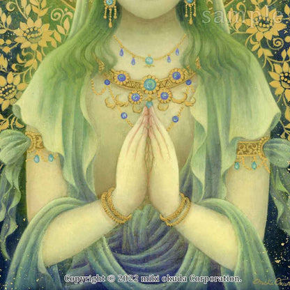 観音菩薩・緑の合掌観音 (光稀） 開運絵 仏画 手彩色ジクレー版画 スピリチュアル 輝く顔料で一枚ずつエネルギーを加筆