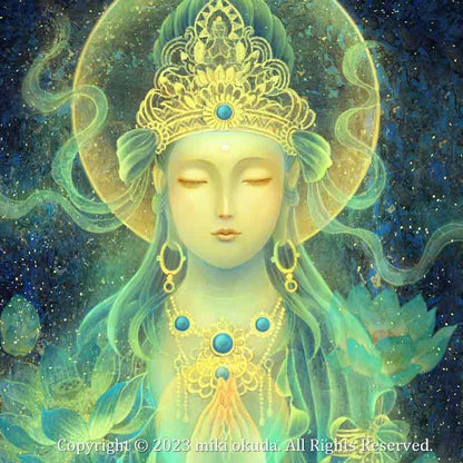 観音菩薩・青の合掌観音 (通常版） 開運絵 仏画 手彩色ジクレー版画 スピリチュアル SS～SMサイズ