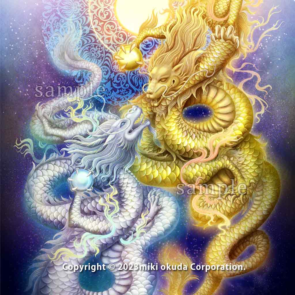 【金龍・銀龍│魔を遠ざけ運気上昇│光の龍神アート│ジクレー版画│SS・S・Mサイズ – 癒しの神仏画・観稀舎(みきしゃ)