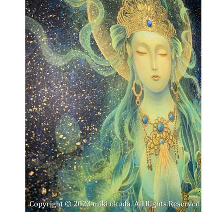 観音菩薩・青の合掌観音 (光稀） 開運絵 仏画 手彩色ジクレー版画 スピリチュアル 輝く顔料で一枚ずつエネルギーを加筆