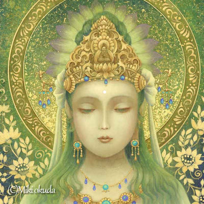 観音菩薩・緑の合掌観音 (通常版） 開運絵 仏画 ジクレー版画 スピリチュアル SS～Sサイズ